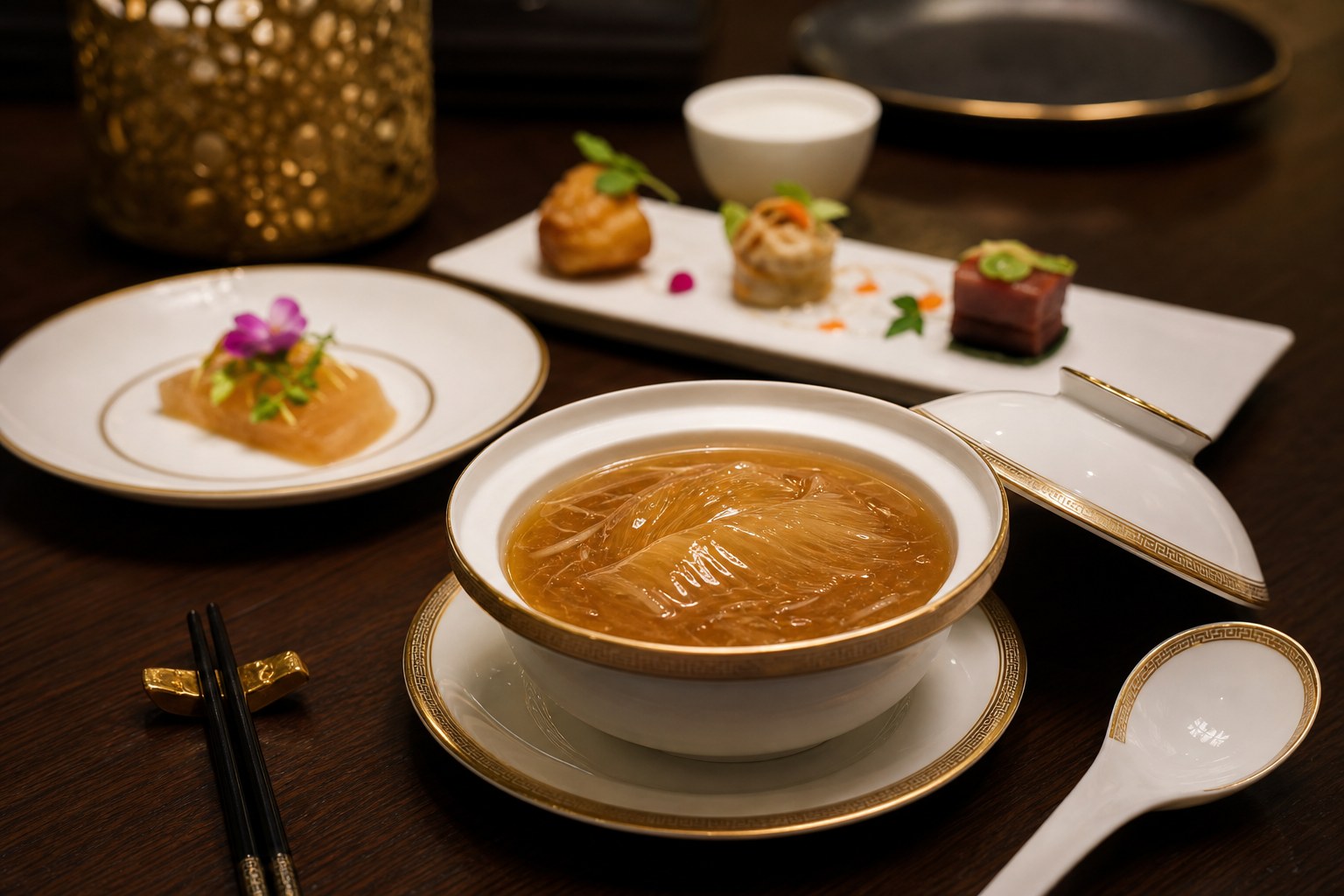 フカヒレ姿煮スープと中華の前菜・暖色の照明